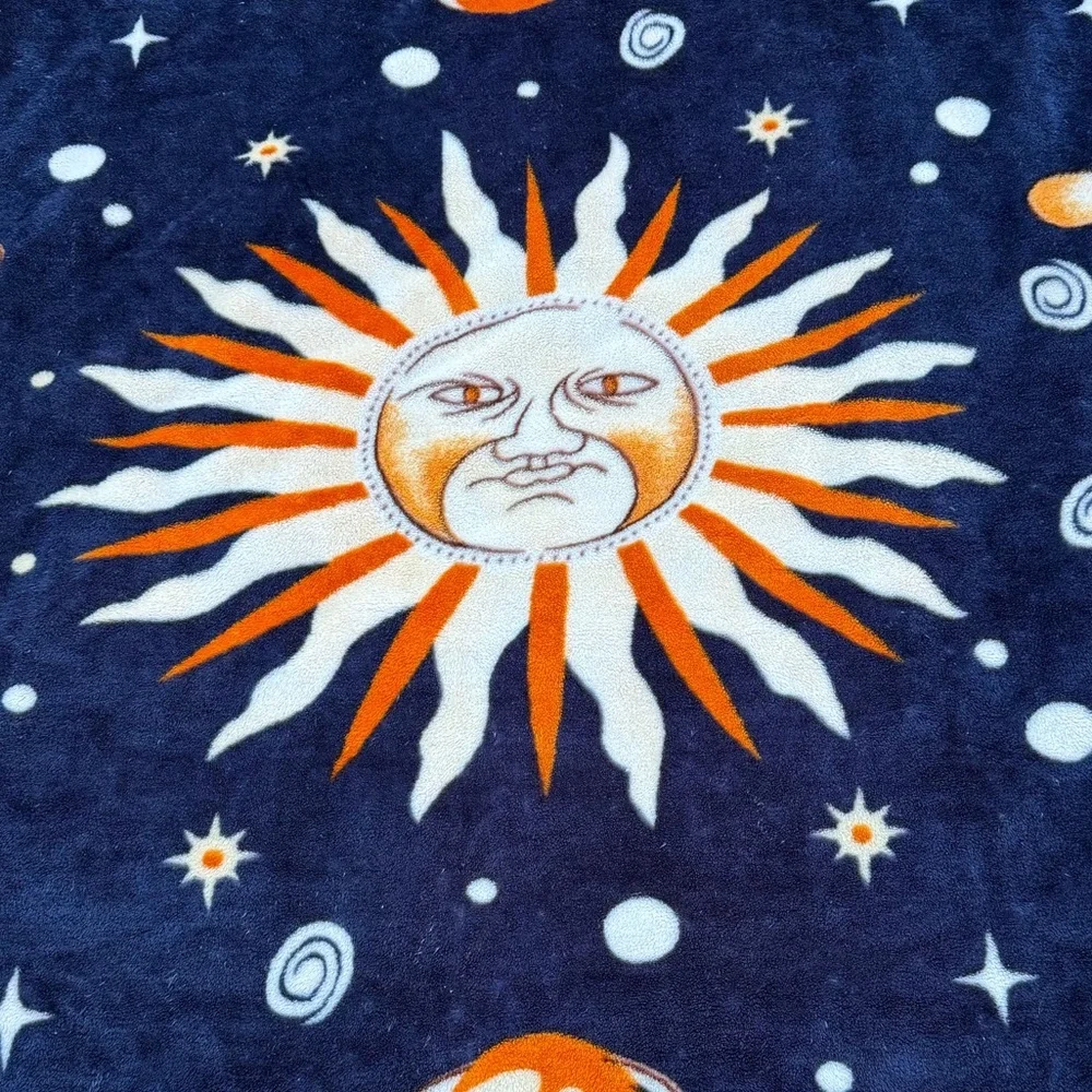 VTG Celestial Sunface Moon Stars Planets Cosmos Plush Blanket Whimsigoth 80x97
